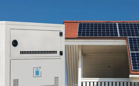 Ein weißer Solarspeicher steht neben einem Haus mit Solarmodulen auf dem Dach. Informieren Sie sich über die Solarspeicher Kosten für Ihre Energieunabhängigkeit.