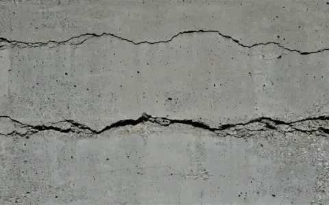 Rissige Betonfassade mit sichtbarer Armierung. Die Risse zeigen die Belastung der Struktur.