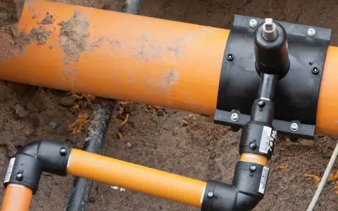 Ein orangefarbenes Rohr mit einem schwarzen Anschlussstück, das für den Gas Hausanschluss vorbereitet wird.