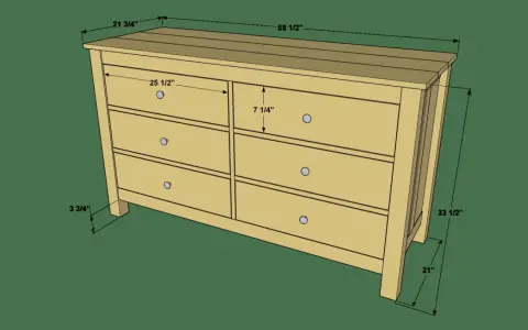 Bauplan für eine Kommode mit sechs Schubladen. Ideal, wenn du eine Kommode selber bauen möchtest. Maße sind angegeben.