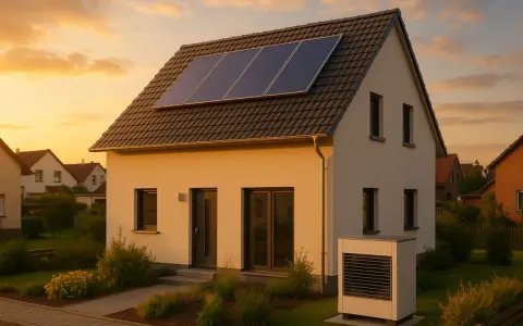 Ein modernes Haus mit Solaranlagen auf dem Dach und einer Wärmepumpe erfüllt die Effizienzhaus 55 Anforderungen.