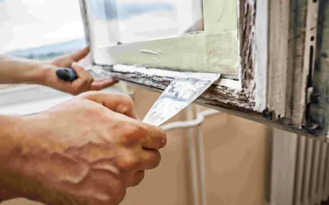 Hände entfernen mit Spachtel alten Fensterkitt. Vorbereitung für das Fensterkitt erneuern.