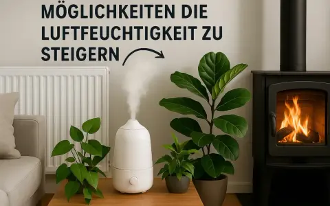 Luftbefeuchter gibt Dampf ab, um die **Luftfeuchtigkeit zu niedrig** zu bekämpfen. Daneben stehen Pflanzen und ein Kamin.