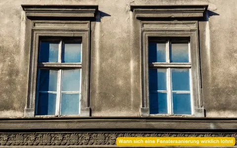 Zwei alte Fenster mit blauen Scheiben an einer verwitterten Fassade. Eine energetische Sanierung der Fenster würde sich hier lohnen.