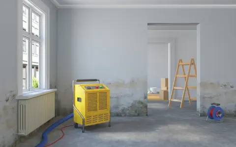 Gelber Bautrockner im Raum, Wände mit Nikotinflecken. Vorbereitung zur **Raucherwohnung renovieren**. Leiter und Kartons im Hintergrund.