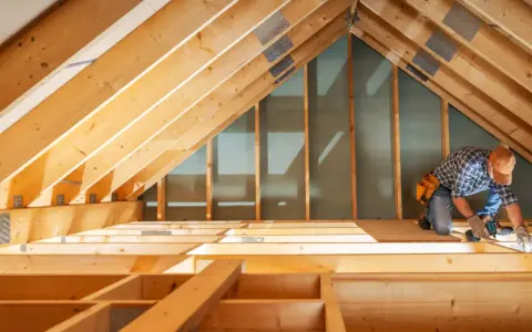 Handwerker arbeitet am Dachboden. Informieren Sie sich über die dachboden isolieren kosten, um Energie zu sparen.