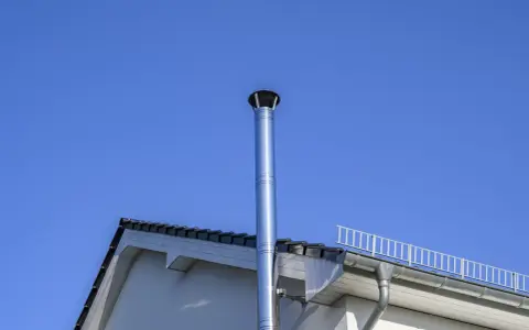 Neuer Edelstahlschornstein ragt in den blauen Himmel. Beim Schornstein bauen Vorschriften beachten für Sicherheit und Effizienz.