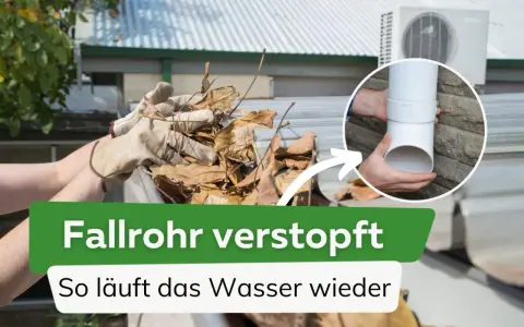Hände mit Handschuhen entfernen Laub aus einer Dachrinne, um ein verstopftes Fallrohr zu befreien. Ein Kreis zeigt, wie das Fallrohr wieder zusammengebaut wird.
