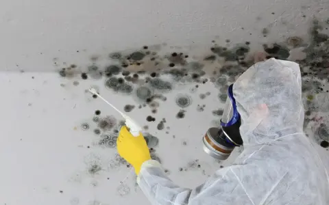 Person in Schutzanzug und Maske sprüht Schimmel an der Decke. Informieren Sie sich über die schimmel entfernen kosten.