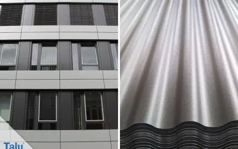 Moderne Fassade mit Fenstern und Rollläden links, rechts eine Nahaufnahme von glänzenden, gewellten Eternitplatten, die zum Streichen bereit sind.