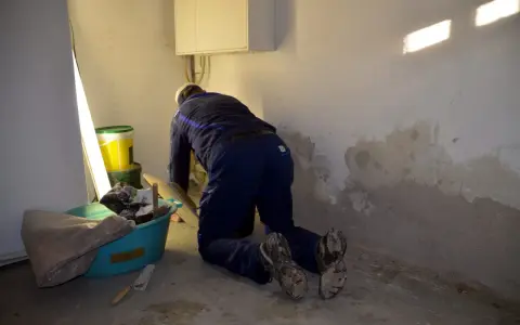 Bauarbeiter kniet vor einer nassen Wand, umgeben von Eimern und Werkzeugen.