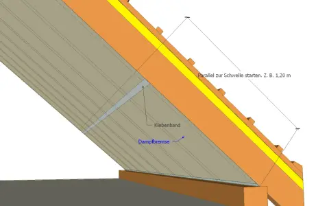 Detailansicht einer Dachkonstruktion. Eine Dampfbremse aus OSB-Platten wird mit Klebeband befestigt, um Feuchtigkeit im Dach zu regulieren.