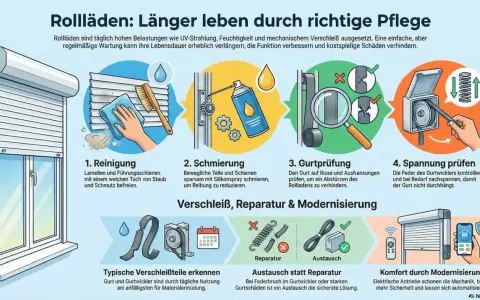 Illustrationen zeigen, wie man einen Rollladen reinigt, schmiert, den Gurt prüft und die Spannung einstellt, um den Rollladen zu reparieren und seine Lebensdauer zu verlängern.