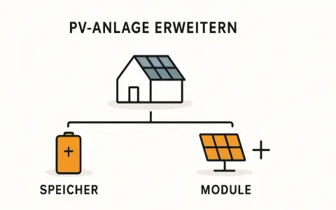 Schema zeigt, wie man eine PV-Anlage erweitern kann: Haus mit Solarmodulen, daneben ein Speicher und ein weiteres Modul.