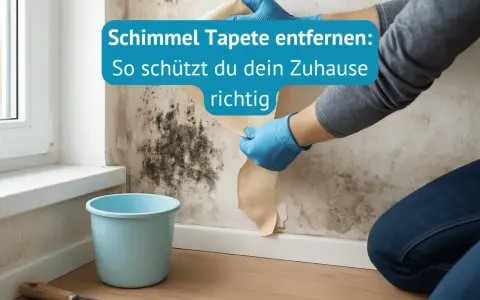 Hände mit blauen Handschuhen ziehen eine schimmelige Tapete ab. Ein blauer Eimer steht daneben.