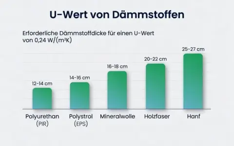 Balkendiagramm zeigt, wie dick Dämmstoffe für einen guten U-Wert am Dach sein müssen. Hanf benötigt die größte Dicke.