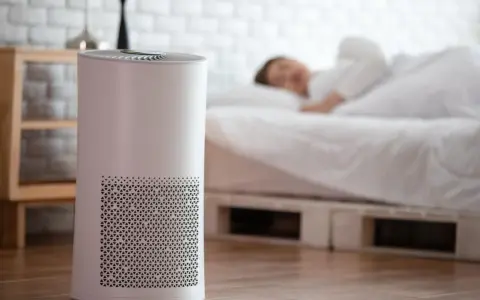 Luftreiniger bekämpft Feuchtigkeit im Schlafzimmer, während eine Person friedlich schläft.