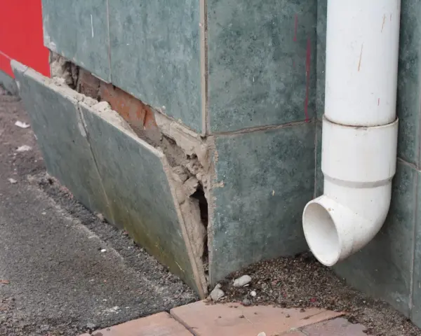 Beschädigte Sockelabdichtung am Haus. Fliesen lösen sich, darunter Ziegelmauerwerk. Ein Fallrohr leitet Wasser ab.