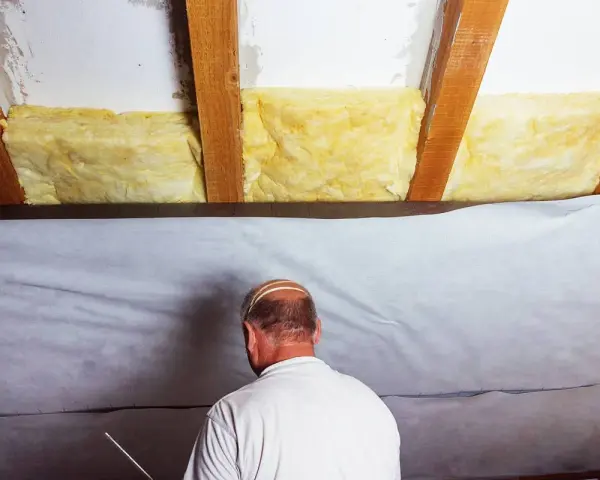 Mann dichtet das Dach von innen ab, indem er Dämmmaterial und eine Folie anbringt.