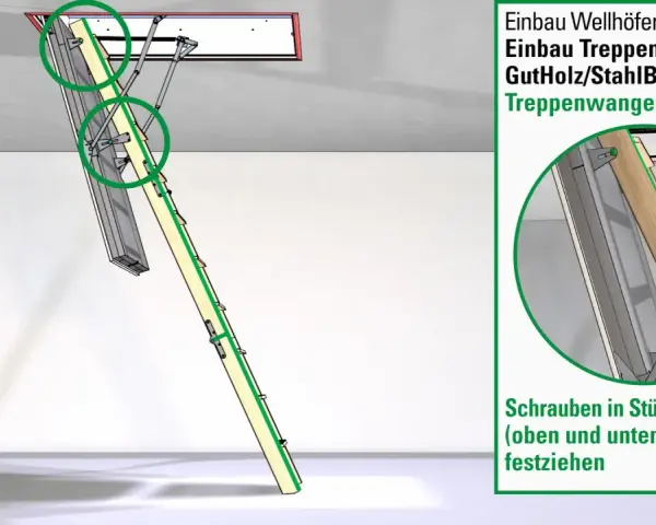 Illustration zeigt den Einbau einer Bodentreppe. Die Treppenwangen fluchten und werden mit Schrauben befestigt.