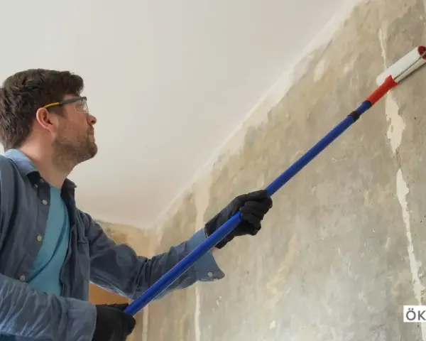 Mann mit Schutzbrille trägt mit langem Stiel und Rolle Öko Tiefengrund auf eine rohe Wand auf.