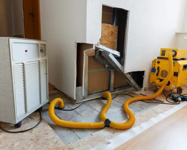 Geräte für technische Trocknung im Einsatz: Ein großer weißer Luftentfeuchter und ein gelbes Gerät mit gelbem Schlauch, die Feuchtigkeit aus einem beschädigten Bereich leiten.