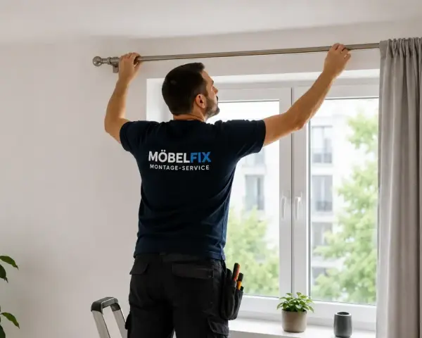 Mann bringt eine Gardinenstange an. Er steht auf einer Leiter und richtet die Stange über dem Fenster aus.