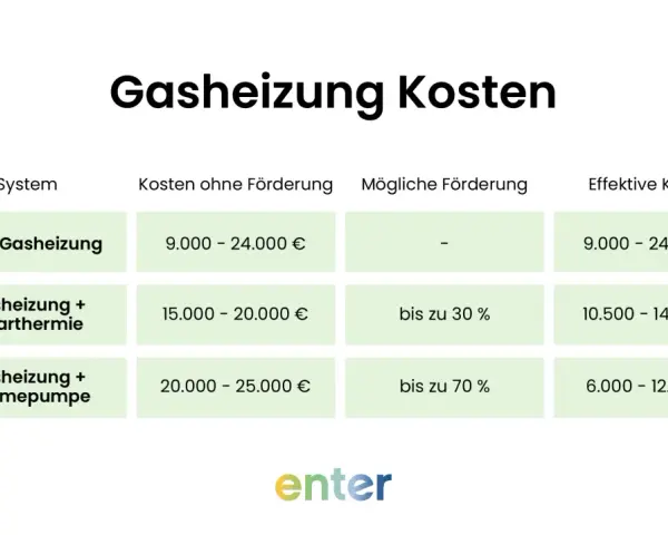 Tabelle zeigt Kosten für Gasheizung, Gasheizung mit Solarthermie und Gasheizung mit Wärmepumpe, inklusive möglicher Förderung.