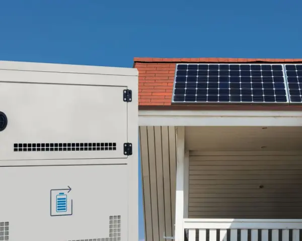 Ein weißer Solarspeicher steht neben einem Haus mit Solarmodulen auf dem Dach. Informieren Sie sich über die Solarspeicher Kosten für Ihre Energieunabhängigkeit.