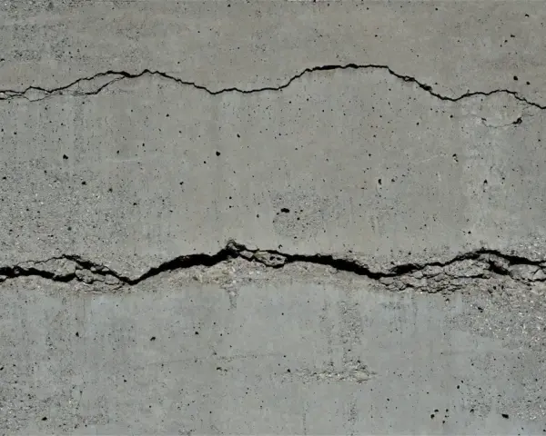 Rissige Betonfassade mit sichtbarer Armierung. Die Risse zeigen die Belastung der Struktur.