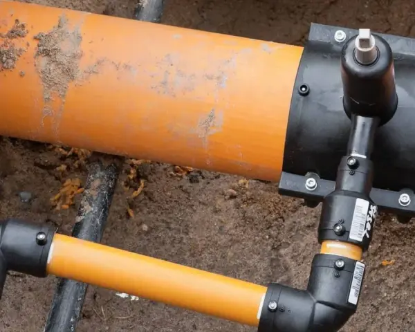 Ein orangefarbenes Rohr mit einem schwarzen Anschlussstück, das für den Gas Hausanschluss vorbereitet wird.