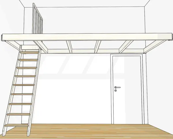 Eine Skizze zeigt, wie man ein Hochbett selber bauen kann, mit Leiter und Geländer.