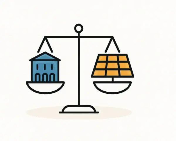 Waage mit Haus und Solarmodul. Balkonkraftwerk und Denkmalschutz im Gleichgewicht.