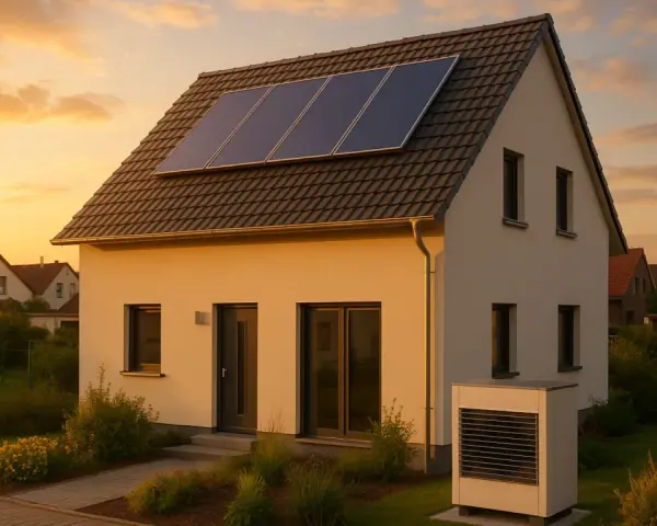 Ein modernes Haus mit Solaranlagen auf dem Dach und einer Wärmepumpe erfüllt die Effizienzhaus 55 Anforderungen.