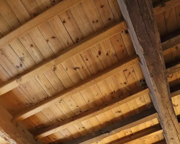 Holzbalkendecke sanieren: Alte Holzbalken und Holzbretter bilden eine rustikale Decke, die bereit für eine Sanierung ist.