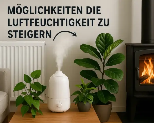 Luftbefeuchter gibt Dampf ab, um die **Luftfeuchtigkeit zu niedrig** zu bekämpfen. Daneben stehen Pflanzen und ein Kamin.