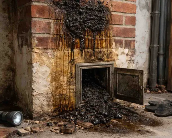 Schwarzer, klebriger Ruß tropft aus einem Kamin. Die Versottung des Kamins ist deutlich sichtbar, mit einer Klappe, die offen steht und noch mehr Ruß freigibt.
