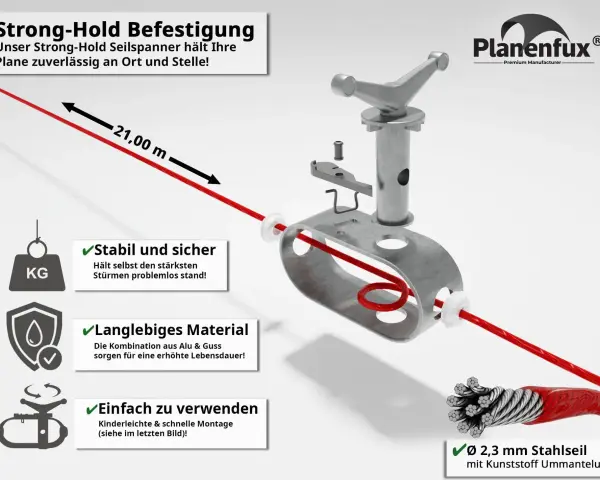 Starkes Stahlseil mit Kunststoffummantelung wird mit einem Seilspanner befestigt. 21 Meter Länge, stabil und einfach zu verwenden.