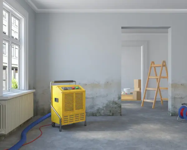 Gelber Bautrockner im Raum, Wände mit Nikotinflecken. Vorbereitung zur **Raucherwohnung renovieren**. Leiter und Kartons im Hintergrund.