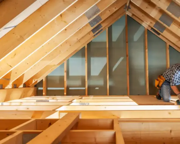 Handwerker arbeitet am Dachboden. Informieren Sie sich über die dachboden isolieren kosten, um Energie zu sparen.