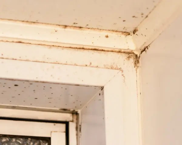 Ecken eines weißen Fensterrahmens mit dunklen Flecken, die auf **roten Schimmel** hindeuten. Feuchtigkeit hat sich hier festgesetzt.