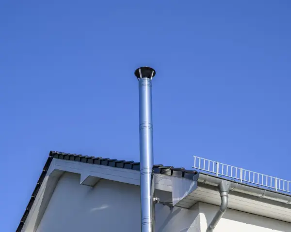Neuer Edelstahlschornstein ragt in den blauen Himmel. Beim Schornstein bauen Vorschriften beachten für Sicherheit und Effizienz.