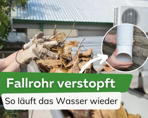 Hände mit Handschuhen entfernen Laub aus einer Dachrinne, um ein verstopftes Fallrohr zu befreien. Ein Kreis zeigt, wie das Fallrohr wieder zusammengebaut wird.