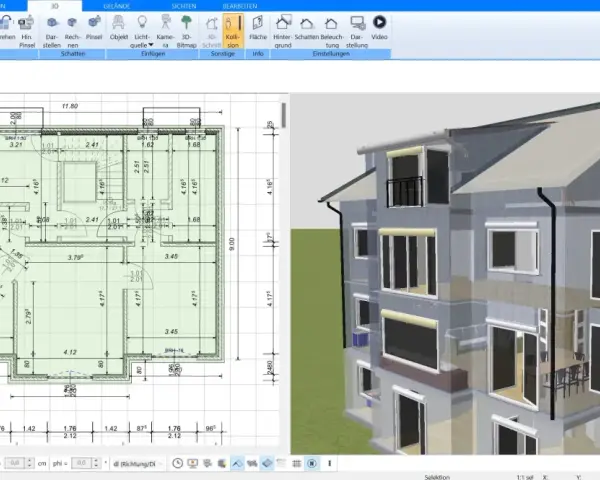 Grundriss eines Hauses mit Maßen und 3D-Ansicht. Die Software ermöglicht die Planung und Berechnung von innenputz kosten.