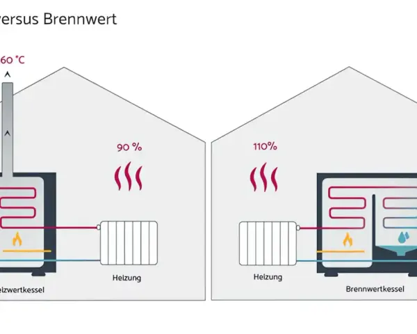 Vergleich von Heizwert und Brennwert: Ein Heizwertkessel verliert 90% Energie, ein Brennwertkessel nutzt 110% durch Kondensation.