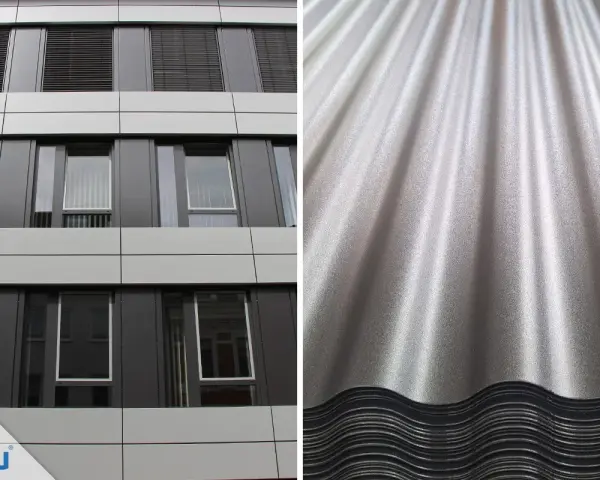 Moderne Fassade mit Fenstern und Rollläden links, rechts eine Nahaufnahme von glänzenden, gewellten Eternitplatten, die zum Streichen bereit sind.