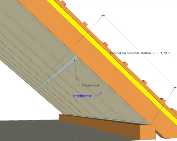 Detailansicht einer Dachkonstruktion. Eine Dampfbremse aus OSB-Platten wird mit Klebeband befestigt, um Feuchtigkeit im Dach zu regulieren.