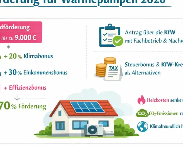 Fördermöglichkeiten für Wärmepumpen: Bis zu 70% Zuschuss, Klimabonus, Einkommensbonus, Effizienzbonus. Senkt Heizkosten und CO2-Emissionen.