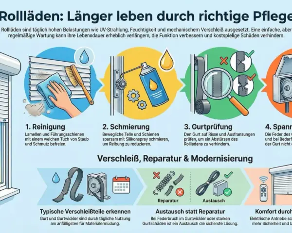 Illustrationen zeigen, wie man einen Rollladen reinigt, schmiert, den Gurt prüft und die Spannung einstellt, um den Rollladen zu reparieren und seine Lebensdauer zu verlängern.