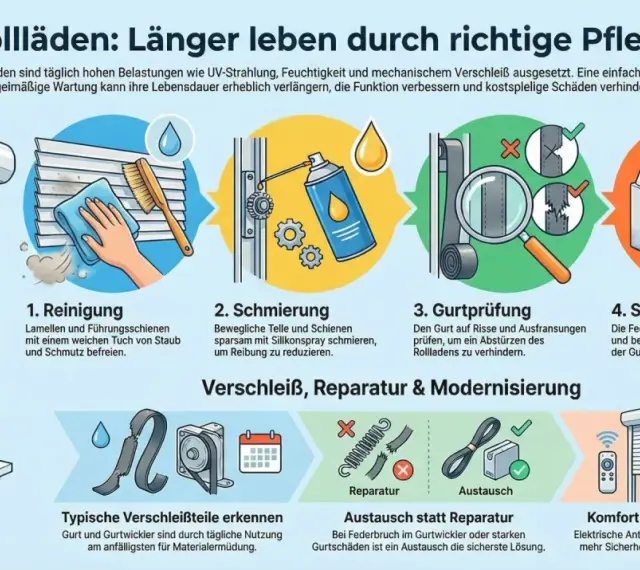 Illustrationen zeigen, wie man einen Rollladen reinigt, schmiert, den Gurt prüft und die Spannung einstellt, um den Rollladen zu reparieren und seine Lebensdauer zu verlängern.